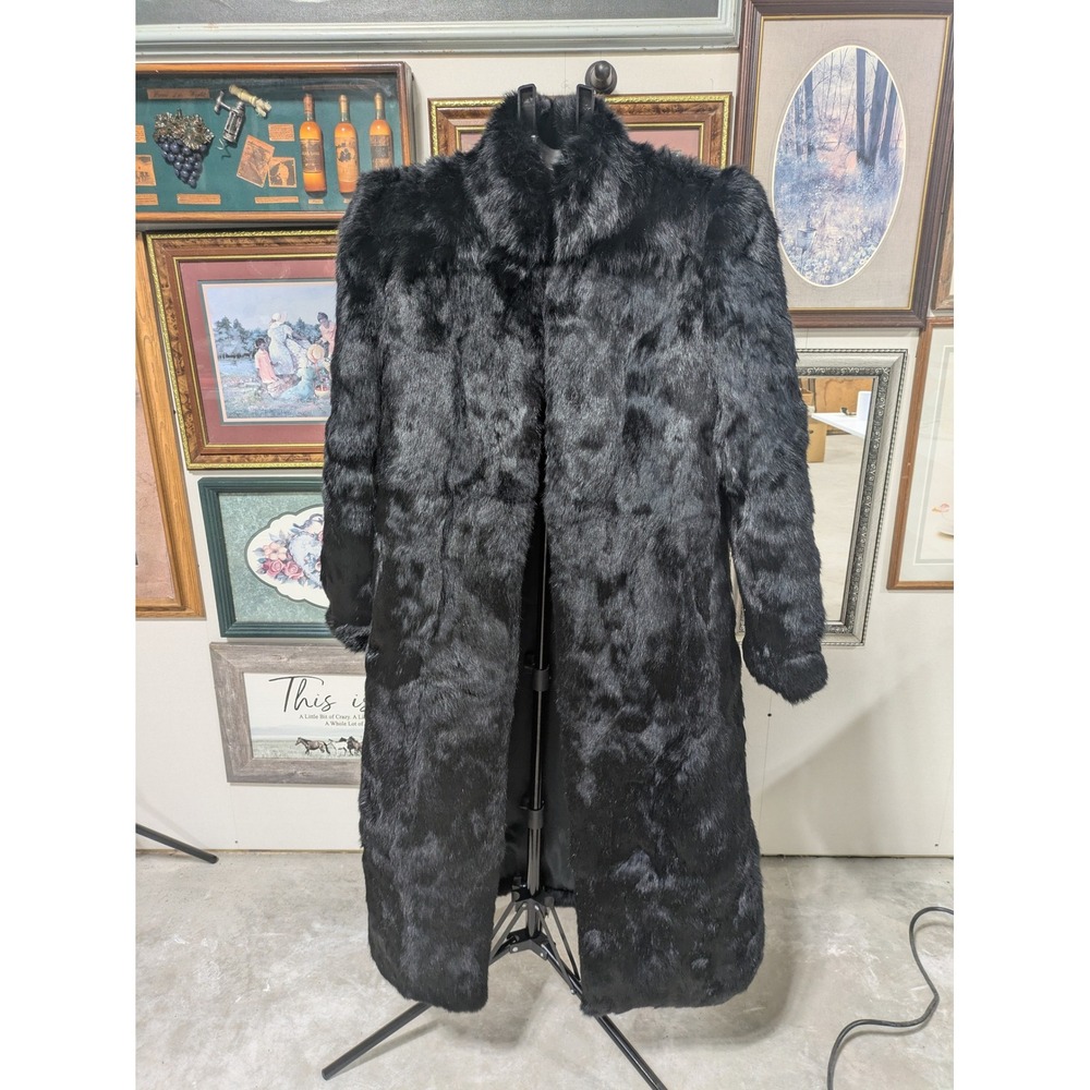 Vintage Niki Black Dyed Rabbit Fur Long Coat Jacket Medium Made in Hong Kong